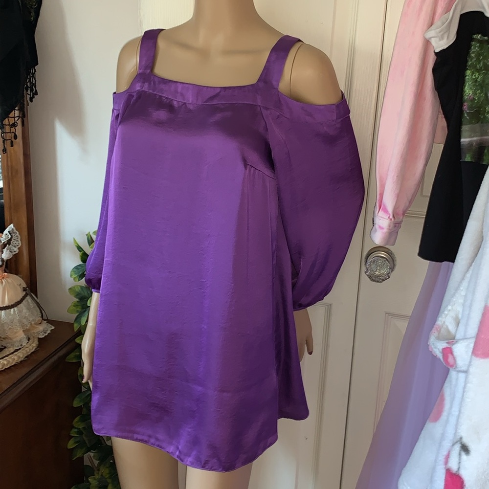 Purple cold shoulder silky draped tunic babydoll top S M